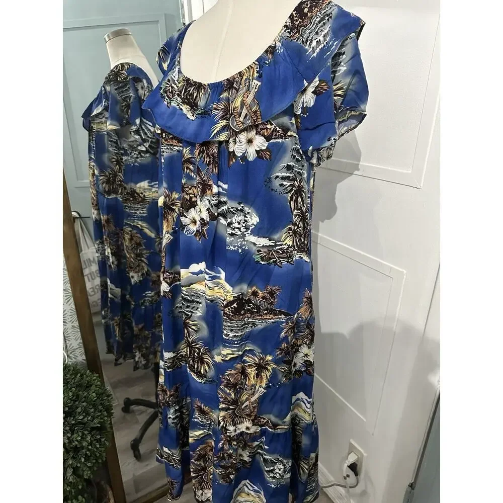 VINTAGE Hilo Hattie Women Dress Large Blue Floral Hawaiian Maxi Made in Hawaii - Picture 2 of 10